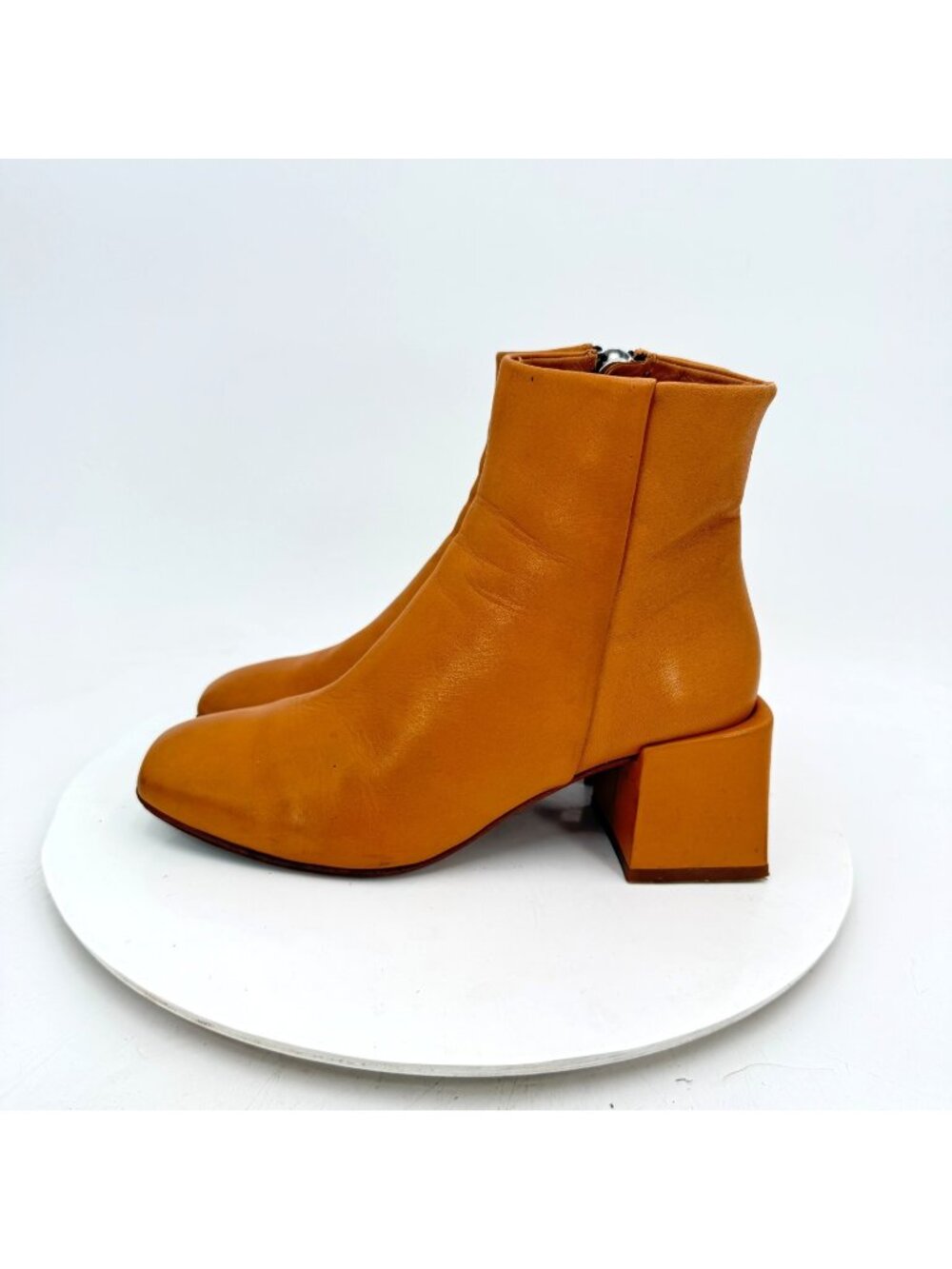 Loq Women Size EU 37 US 6.5 Brown Tan Leather Side Zip Ankle Block Heel Boot